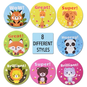 Roll of 8 colorful cartoon animal reward stickers for children with thank you labels