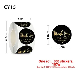 Detailed dimension guide for 3.8cm black and gold Thank You sticker roll with 500 pieces