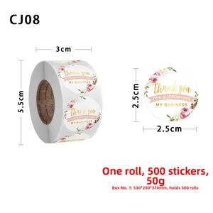 Macro detail of floral Thank You sticker roll showing 2.5cm diameter and gold foil lettering