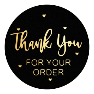 1-inch black and gold Thank You stickers with metallic foil for product packaging