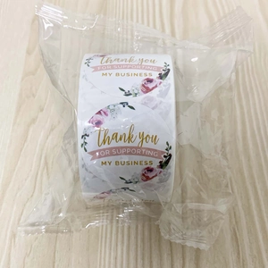Roll of floral Thank You stickers for supporting my small business in clear packaging