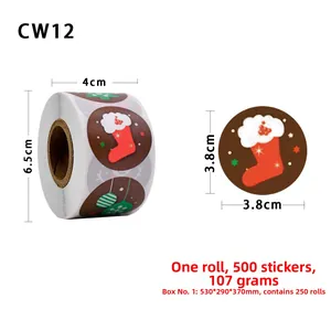 Detail view of 3.8cm round Christmas stickers with festive tree and sock patterns on rolls