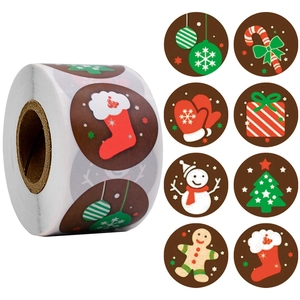 Festive Christmas Kraft Paper Stickers Round Self Adhesive Decorative Labels Cartoon Snowman Reindeer Pattern Gift Box Sealing Stickers Holiday Party Supplies