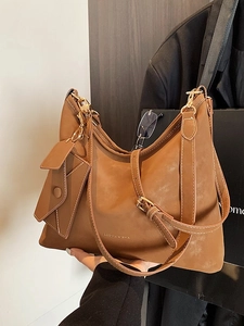 Women Retro Commute Tote Bag Large Capacity PU Suede Shoulder Crossbody Bag With Small Pouch Pendant Fashion Handbag