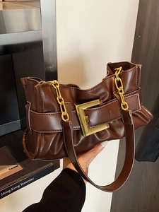 Women PU Leather Ruched Shoulder Bag With Large Gold Square Buckle Trendy Retro Underarm Bag Fashion Chain Strap Handbag