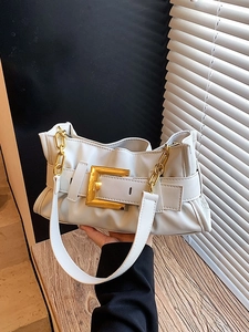White ruched shoulder bag for women with gold buckle and chain strap detail