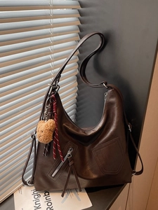 Dark brown large capacity PU leather hobo shoulder bag with a cute bear keychain charm