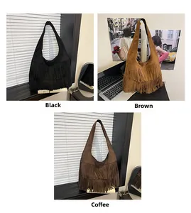 Three bohemian suede fringe tote bags in black, caramel, and coffee colors