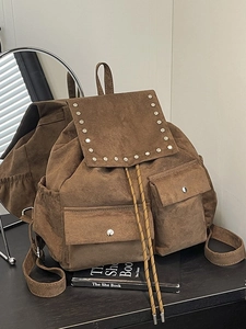 Sac à Dos Femme Vintage en Polyester Retro Rivets Grande Capacité Commute Voyage École Sac Couleur Unie Style Seau