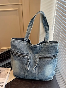 Sac Cabas en Denim Lavé Vintage Grande Capacité Femmes Sac à Épaule Décontracté Avec Poches Extérieures à Fermeture Éclair