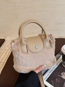 Chic faux fur tote bag in khaki plush with PU leather handles and metal clasp closure