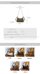 Detailed size specifications and color options for the crescent PU leather tote bag