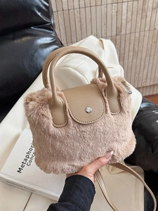 Chic khaki faux fur crossbody bag with leather handles and metallic buckle for autumn