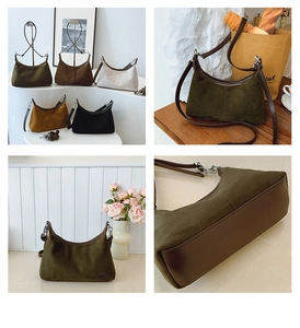 Detail of suede crescent hobo bags with leather trim in olive, tan, and cream tones