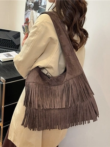 Bohemian Tassel Tote Bag Large Capacity Suede Texture Hobo Shoulder Bag Retro Casual Crossbody Commuter Handbag For Women