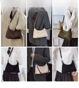 Collage of four suede crescent bags in brown, beige, green, and black with leather straps