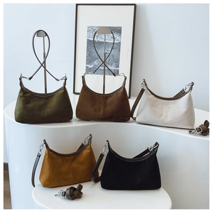 Multi-color hobo shoulder bags in olive, brown, cream, yellow, and black matte suede