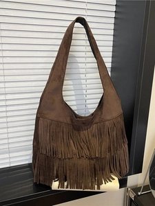 Deep brown suede-texture hobo bag with double-layered long fringe tassels and wide strap