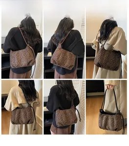 Collage of leopard print tote bag showing multiple angles and lifestyle shoulder carry