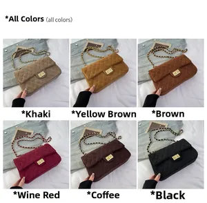 Quilted velvet chain bag collection in khaki, brown, wine red, coffee and black tones