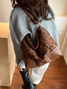 Maillard leopard print suede tote bag with brown leather trim and shoulder straps