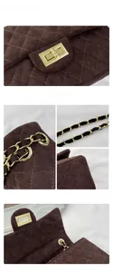 Detailed macro view of brown suede quilted chain bag with gold rotary lock and stitching