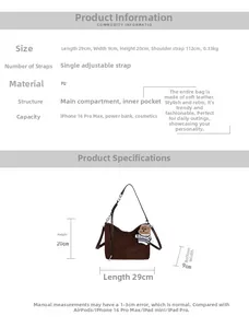 Detailed size chart for casual PU leather hobo bag showing 29x9x20cm dimensions