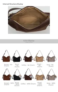 Detail view of large suede tote bag interior pocket and multi-color selection options