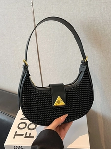Retro black leather hobo shoulder bag with textured square pattern and gold metal buckle