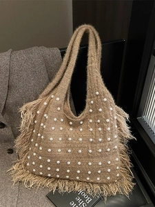 Knitted Tote Bag With Tassel Fringe Artificial Pearl Decoration Large Capacity Shoulder Bag For Women Casual Travel Bag