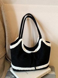 Women Large Capacity Suede Tote Bag With Artificial Lambswool Trim Bow Decor Casual Winter Shoulder Bag For Commute
