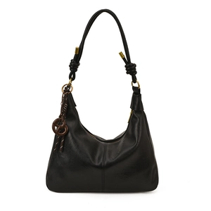 Black vintage crescent hobo tote bag with knotted shoulder strap and knot pendant