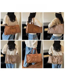 Detailed views of the large capacity travel bag showing various carrying styles on a model