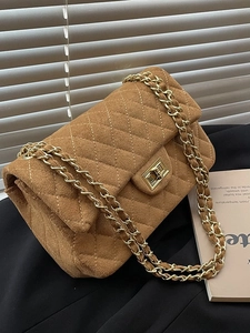 Women Faux Suede Quilted Shoulder Bag Metal Chain Strap Flap Crossbody Purse Retro Commute Small Fashion Square Handbag
