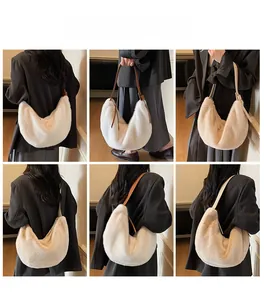 Furry white Hobo bag shown from multiple angles on a model with leather strap detail