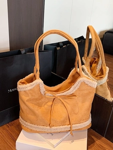 Large capacity ginger suede tote bag with white fleece trim and elegant bow detail