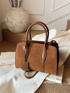 Sac Boston Vintage en PU et Daim Patchwork pour Femmes Coutures Minimalistes Sac à Bandoulière Rétro à Main pour Bureau
