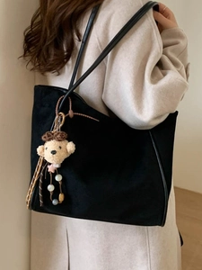 Women Retro Leopard Print Tote Bag Large Capacity PU Leather Commuter Shoulder Bag With Teddy Bear Pendant Solid Color Handbag
