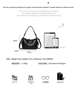 Detailed size guide and interior capacity view of black minimalist handbag with dimensions