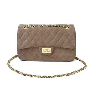 Retro brown velvet quilted crossbody bag with gold chain strap and rectangle twist lock