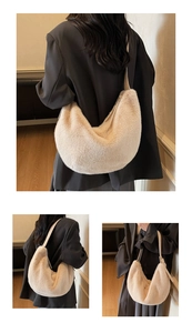 Detailed close-up showing the soft plush texture and crescent shape of the cream hobo bag