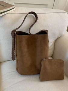 Borsa a Secchiello Vintage in PU Effetto Scamosciato per Donna Borsa a Tracolla Grande Capacità Con Cinturino Intrecciato