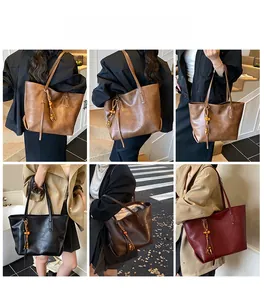 Detailed views of vintage large tote bag in multiple colors with tassel and wood bead accents