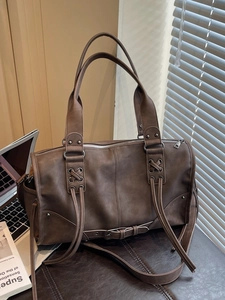 Sac à Main en Cuir PU Rétro pour Femmes Grande Capacité Tendance de Rue Sac à Épaule Vintage Gland Lacage Fermeture Éclair