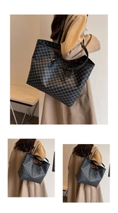 Multiple views of large tote bag with geometric print and black leather straps on a model