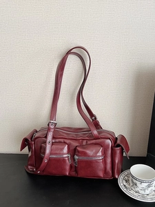 Retro burgundy PU leather shoulder bag with large capacity and multi-pocket design