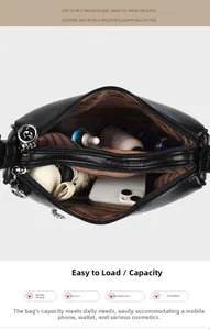 Detailed interior of a multi-compartment black pebbled leather bag showing storage capacity