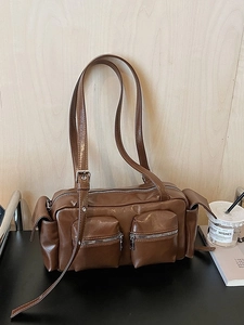 Vintage brown PU leather underarm bag with multi-pocket utility design for women