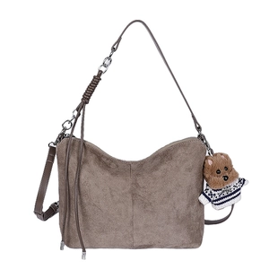 Large capacity suede hobo tote bag in taupe with chain tassel and cute bear charm