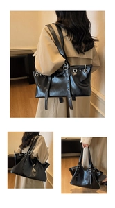 Three views of black punk PU tote bag with silver eyelets and long decorative straps